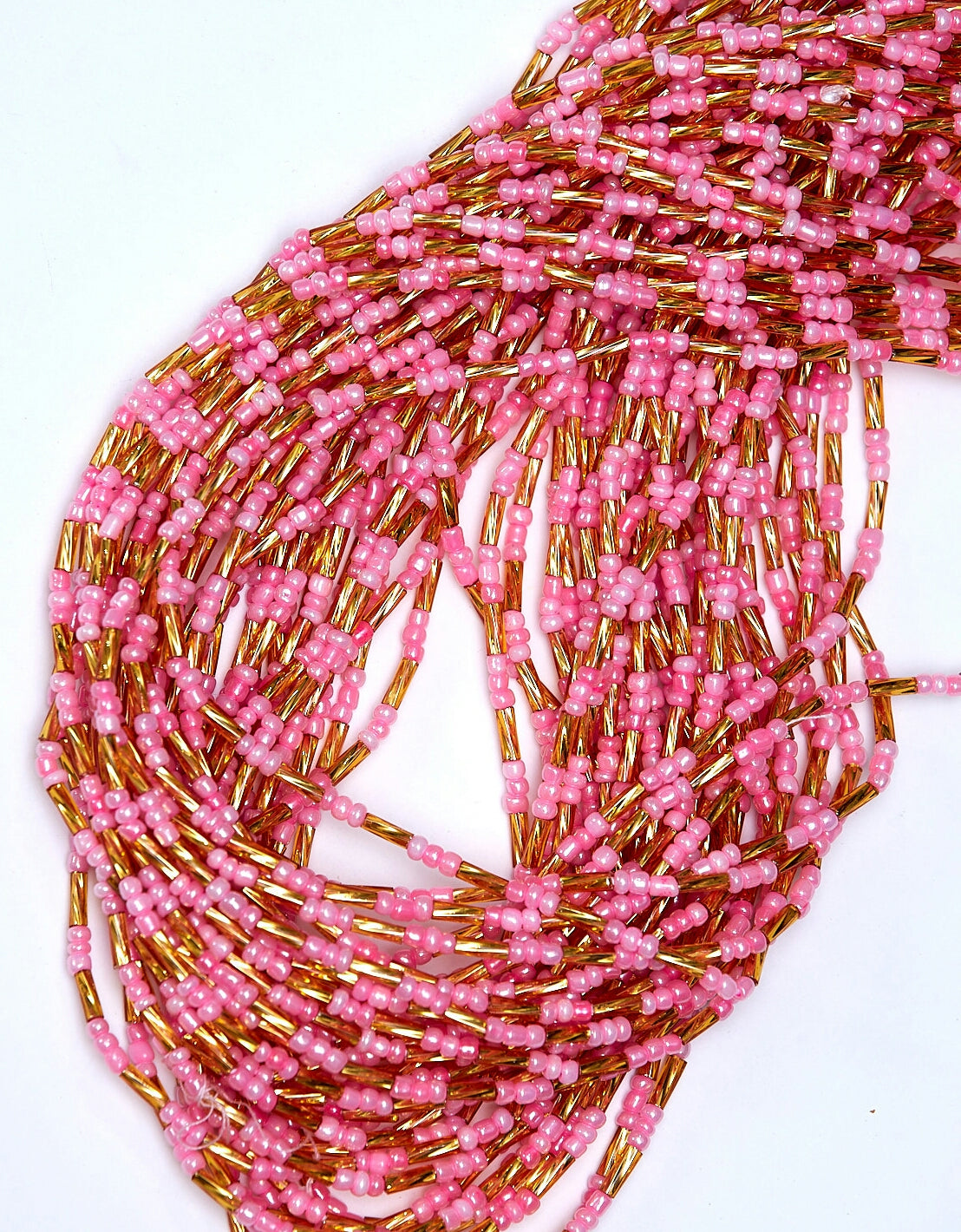 47 Inches Pink beads With gold bars Tie on Waist Beads