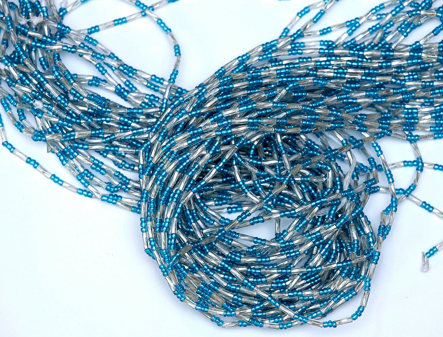 45 Inches Sea blue Glass beads With Silver Bars Tie On waist Beads