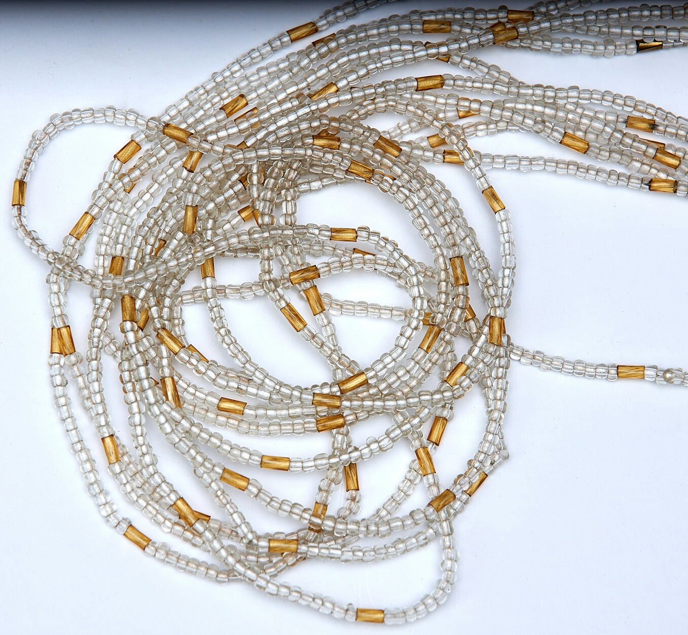 46 Inches Silver Glass Beads With Gold bars Tie on Waist Beads