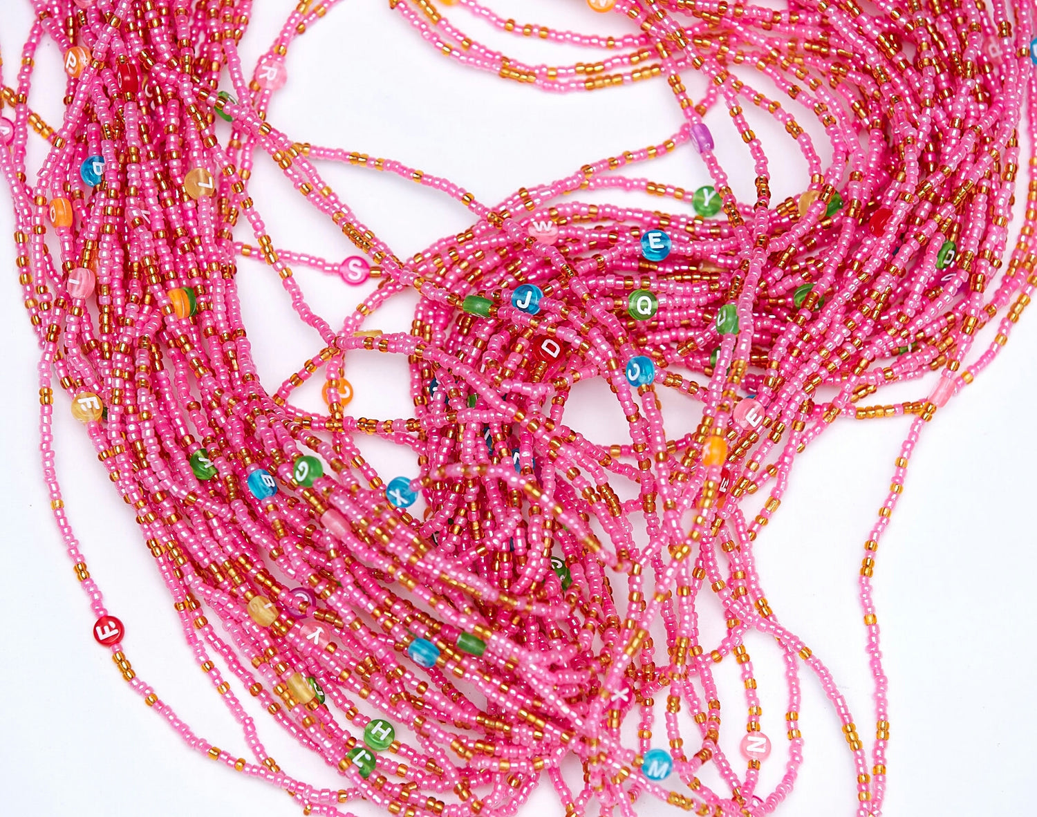 38 Inches Pink Crystal Beads with Green, Blue and Yellow Pebble Bars Tie on Waist beads