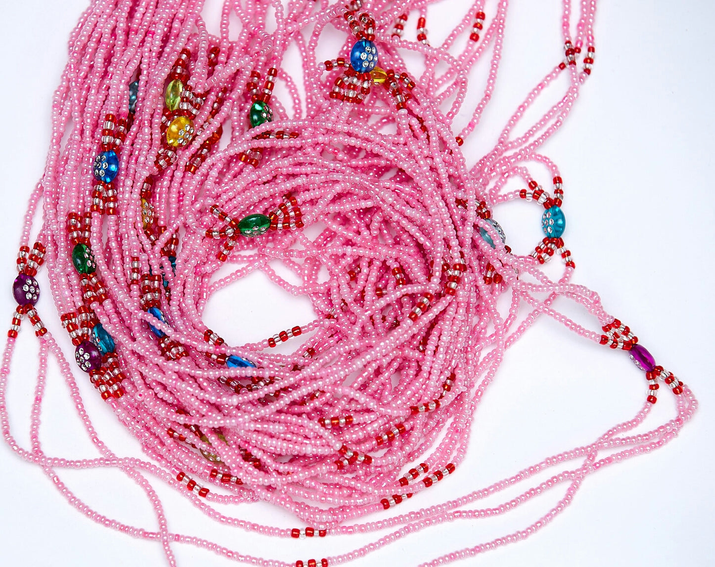 42 Inches Long Pink With Multi Pebble Coloured 3-in-One Waist Beads
