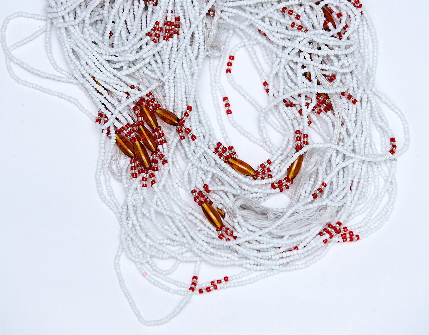 42 Inches Long White Purity, Red,Clear With Brown Pebbles Coloured 3-in-One Waist Beads