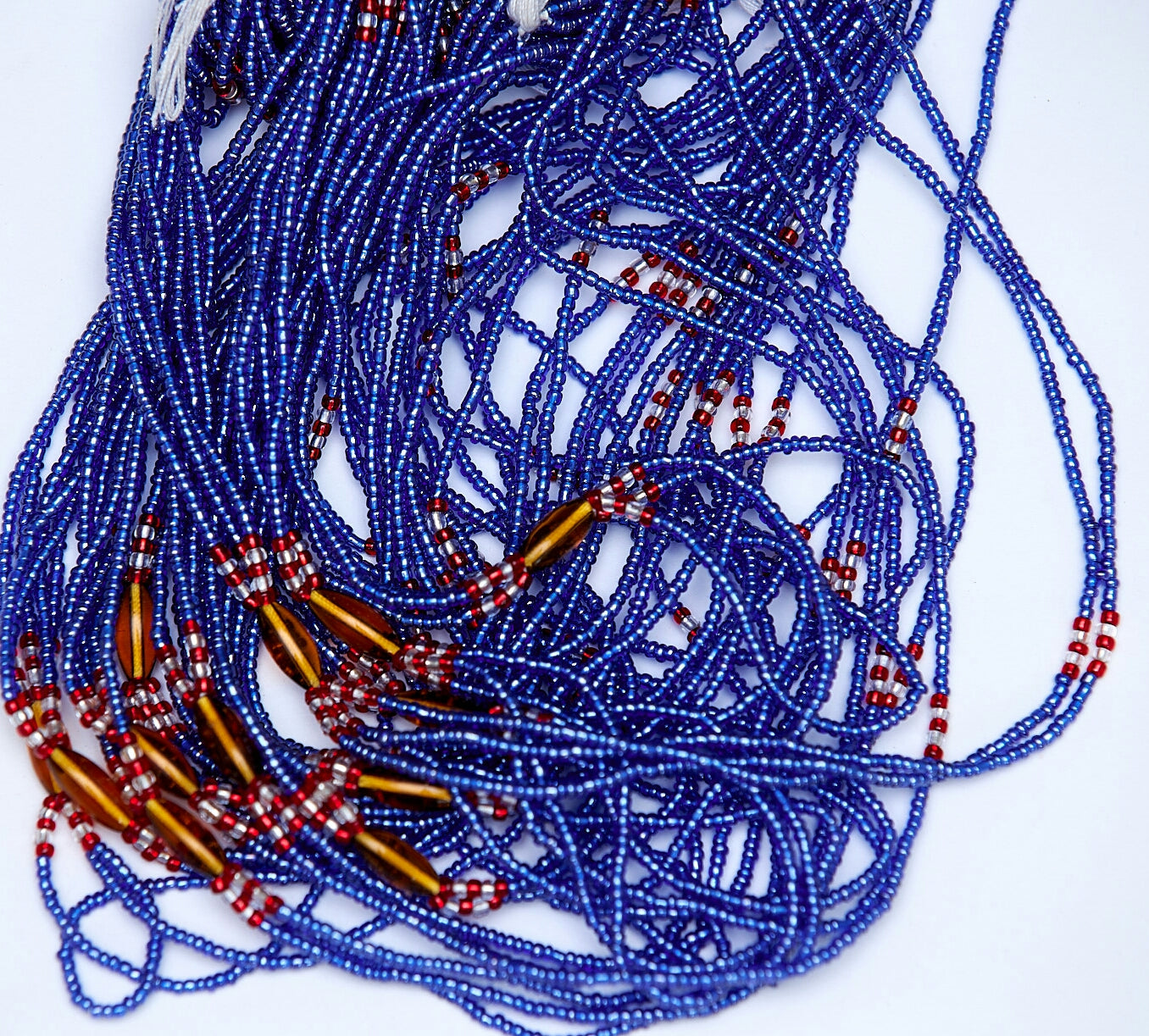 42 Inches Long Blue, Red,White With Brown Pebble Coloured 3-in-One Waist Beads