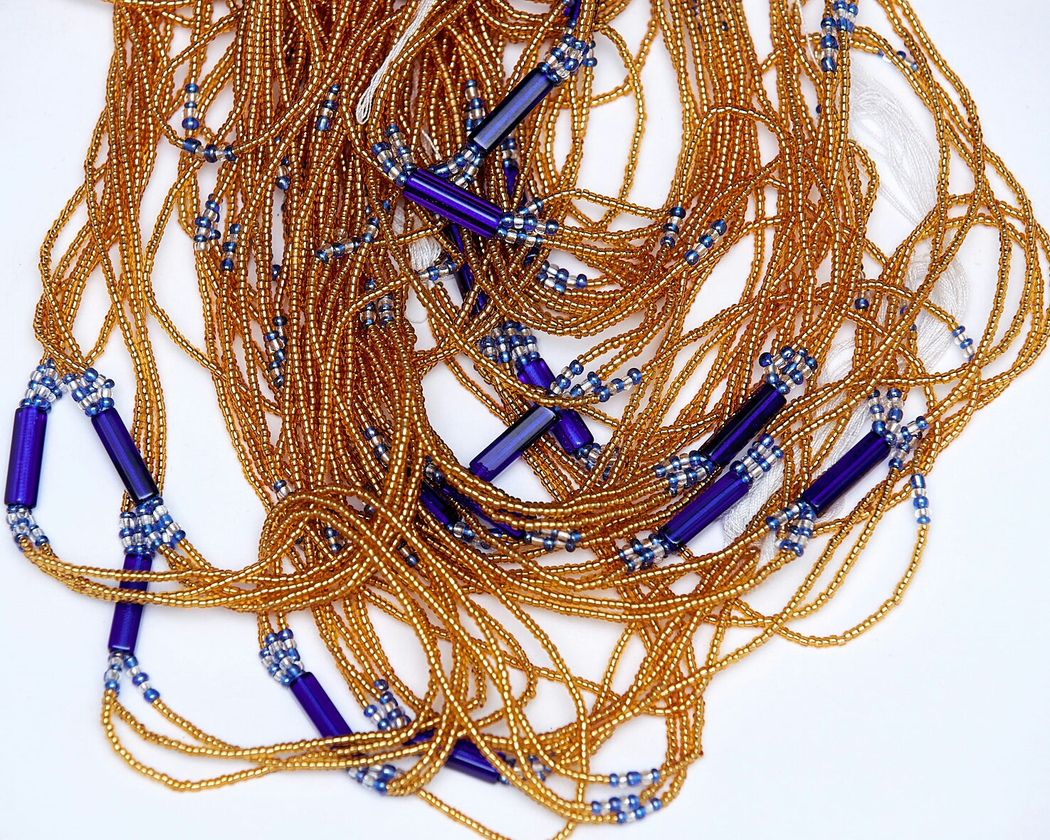 44 Inches Long Gold,Blue,White With Blue Bars Coloured 3-in-One Waist Beads