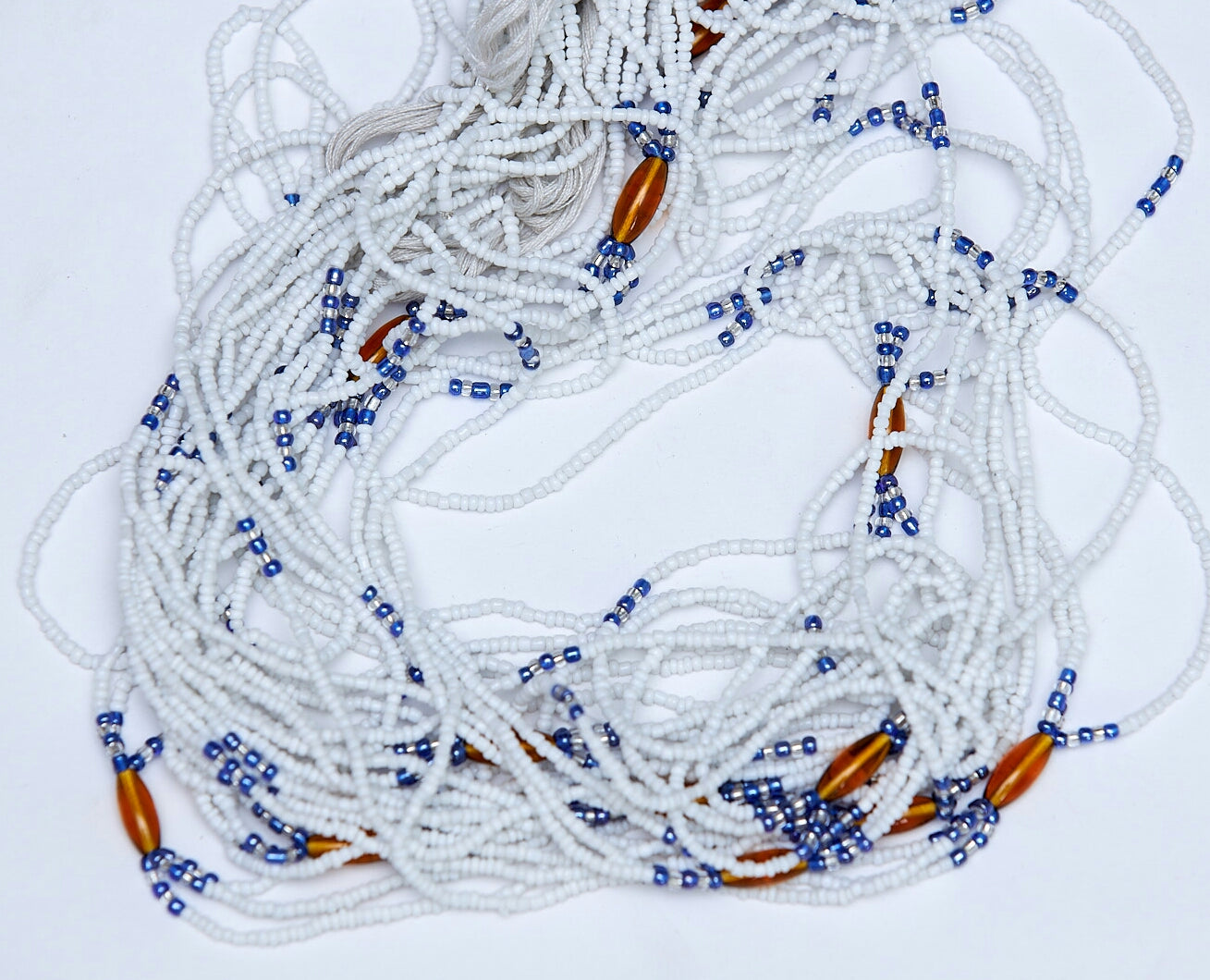 44 Inches Long Purity Blue,White With Brown Pebbles Coloured 3-in-One Waist Beads