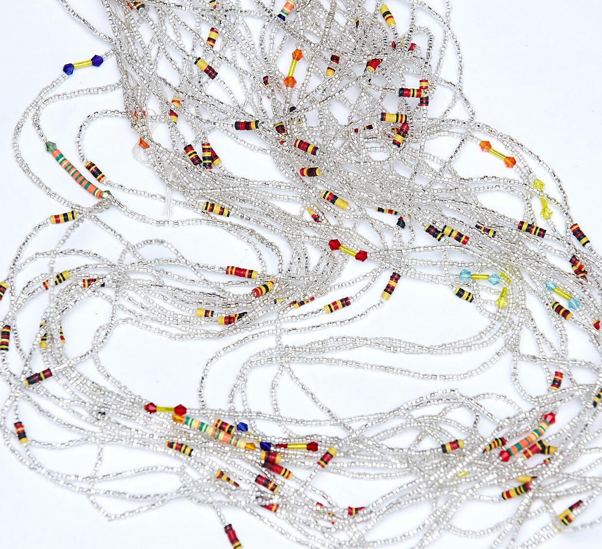 45 Inches Silver Glass Beads With Black, Yellow Red Pebble Bar Tie On waist beads