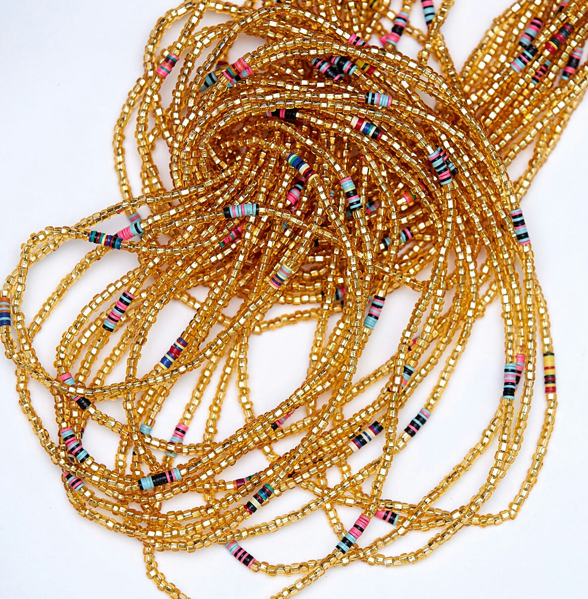 45 inches Shiny Gold Glass Beads With Round Pink, Black , Sea blue Bars Tie On waist beads