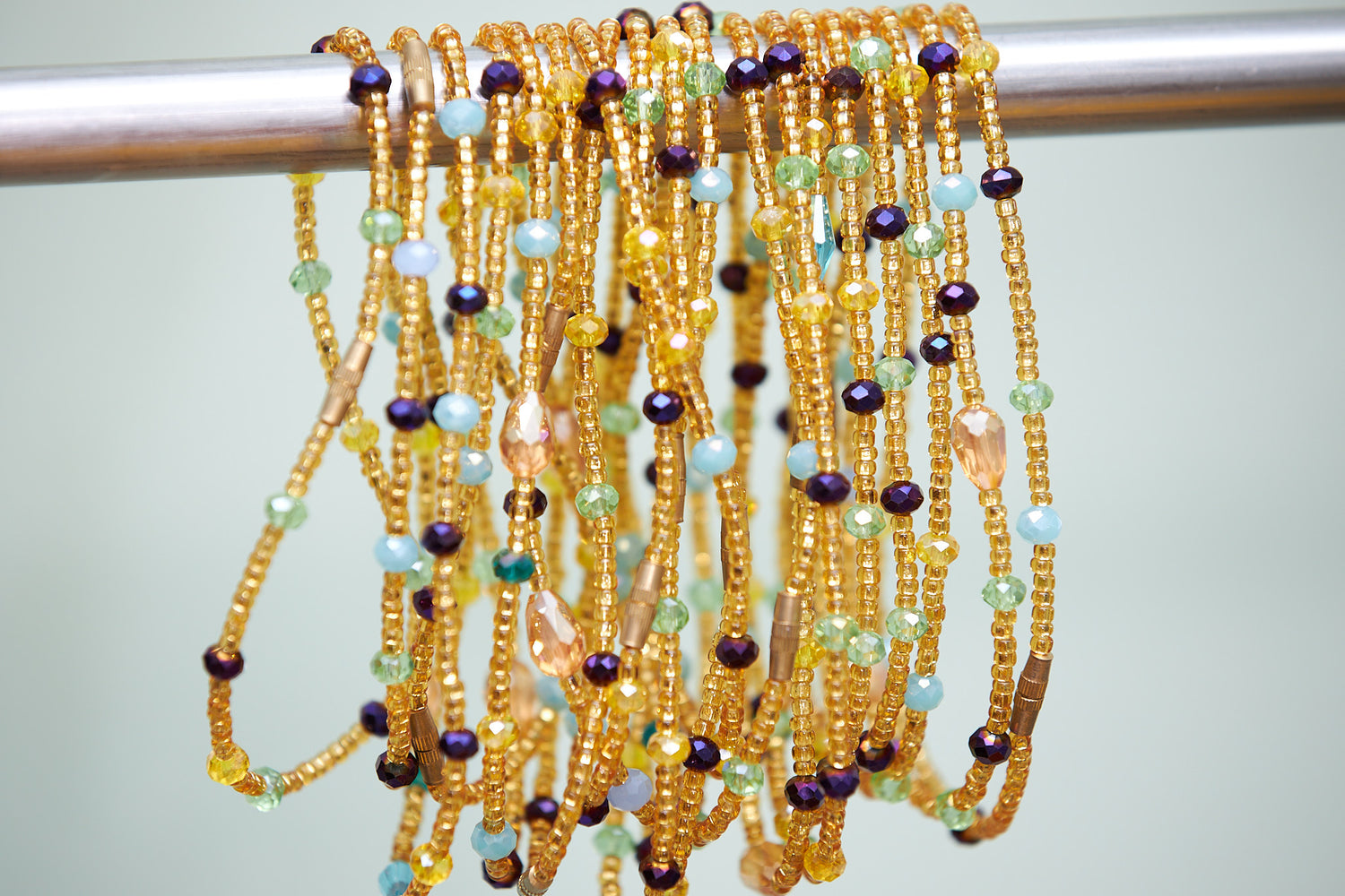 9 Inches Gold Glass Beads With Gold, Purple, Sea blue And Light Green Pebble Bar Removable Screw Anklet