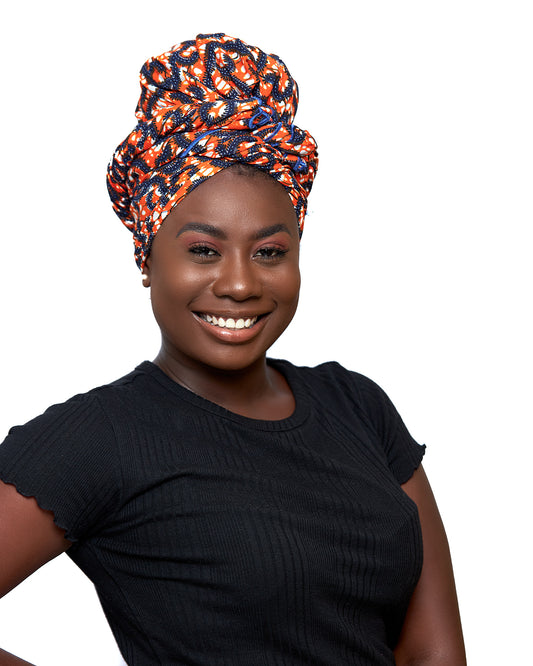 Orange,White, Blue Ankara Print Detachable Silklined Headwrap