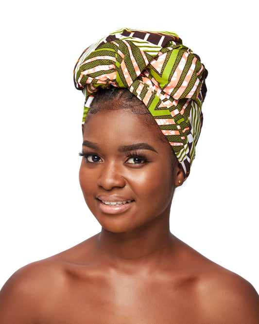 Brown, White, Peach ,Gold and Green Ankara Detachable Silklined Headwrap