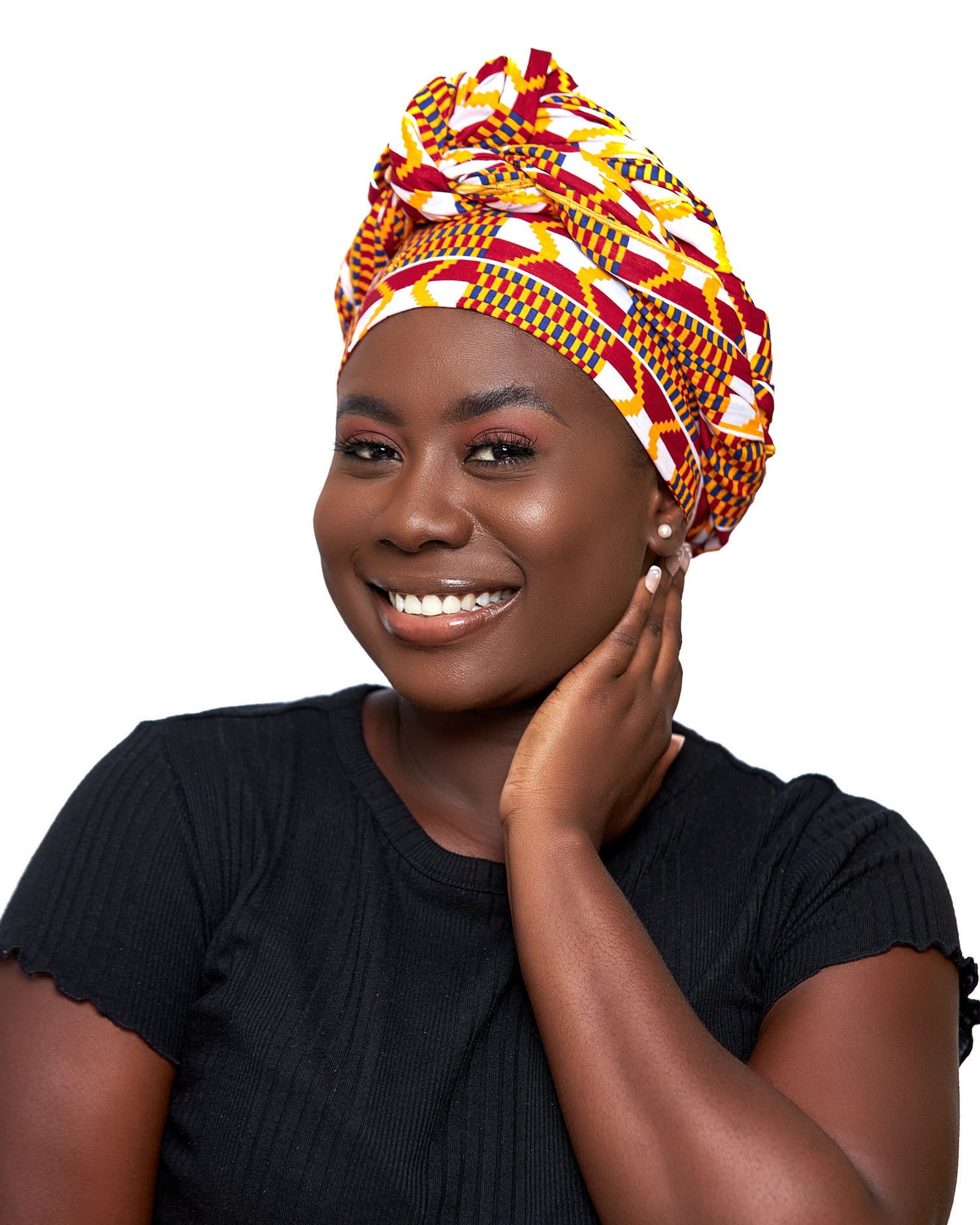 Red,White,Gold,Blue Stripped Ghanaian Kente Print Detachable Silklined Headwrap