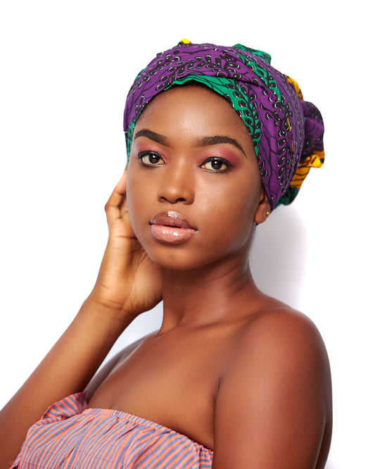 Ankara Wax Print Made of Green, Yellow, Purple And Black Blend of Beautiful Colours And Pattern, Hand Made Elastic Silklined Bonnet With Band