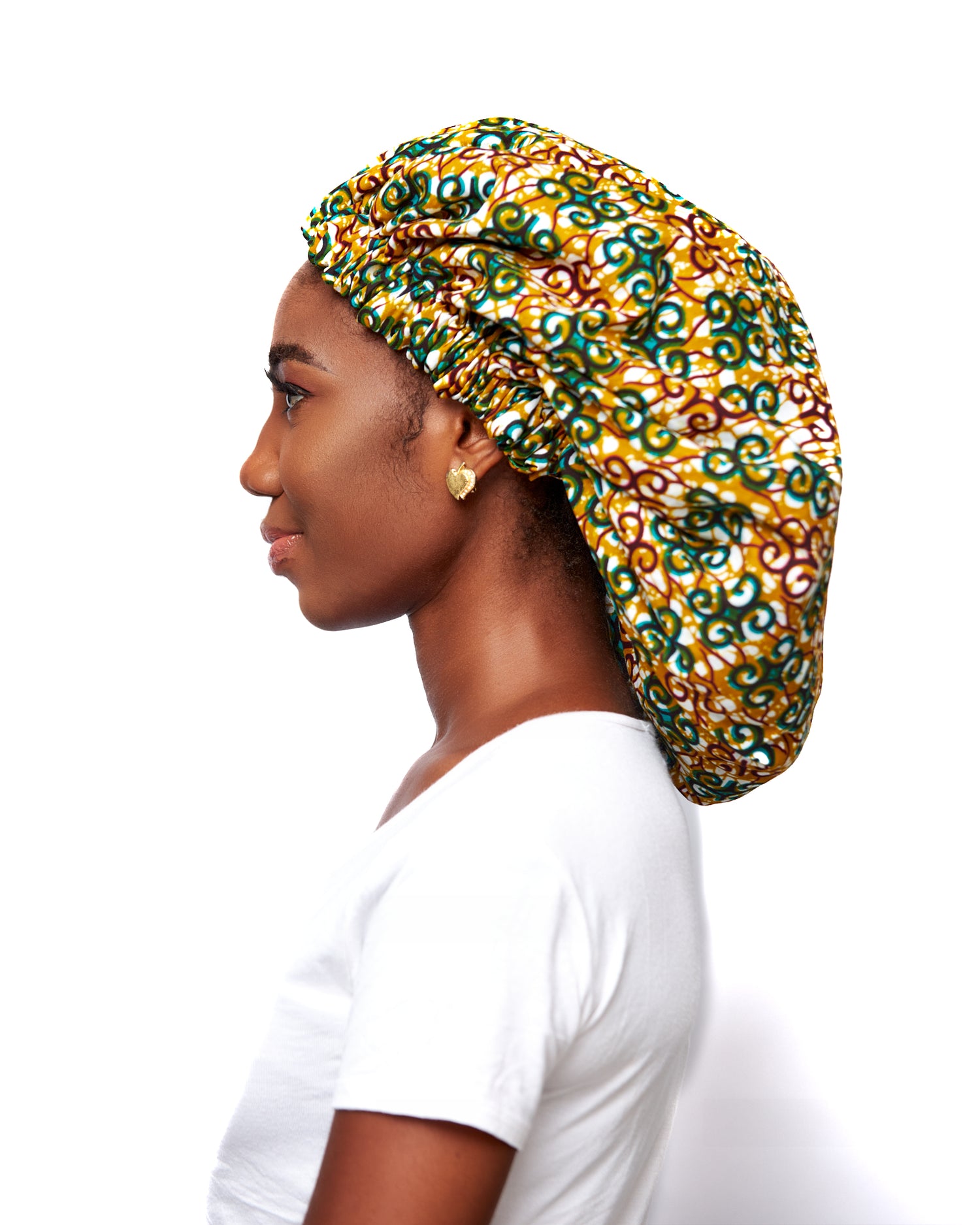 Ankara Wax Print Made of Gold, Green,Redwine and White  Blend of Beautiful Colours And Pattern, Hand Made Elastic With Gold Silk lined Hair Bonnet