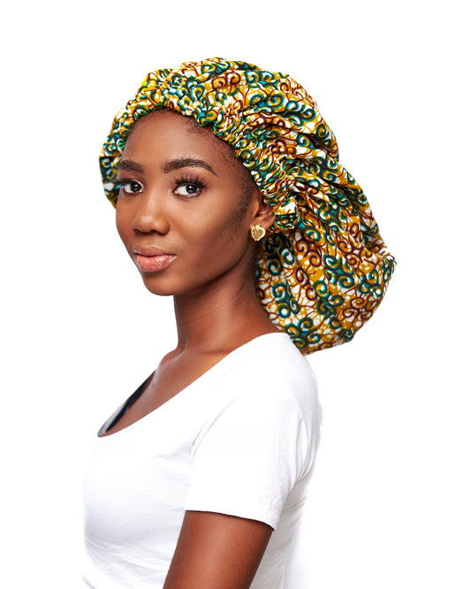 Ankara Wax Print Made of Gold, Green,Redwine and White Blend of Beautiful Colours And Pattern, Hand Made Elastic With Gold Silk lined Hair Bonnet