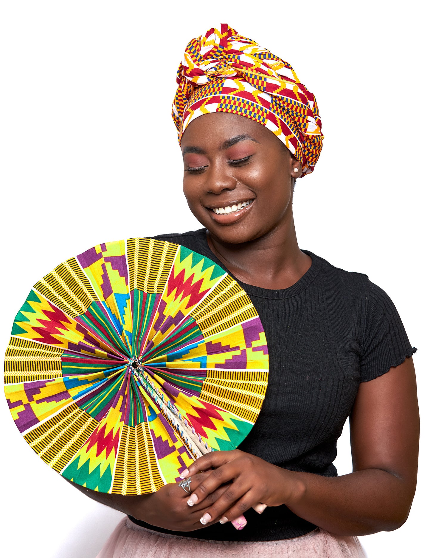 Red,White,Gold,Blue Stripped Ghanaian Kente Print Detachable Silklined Headwrap