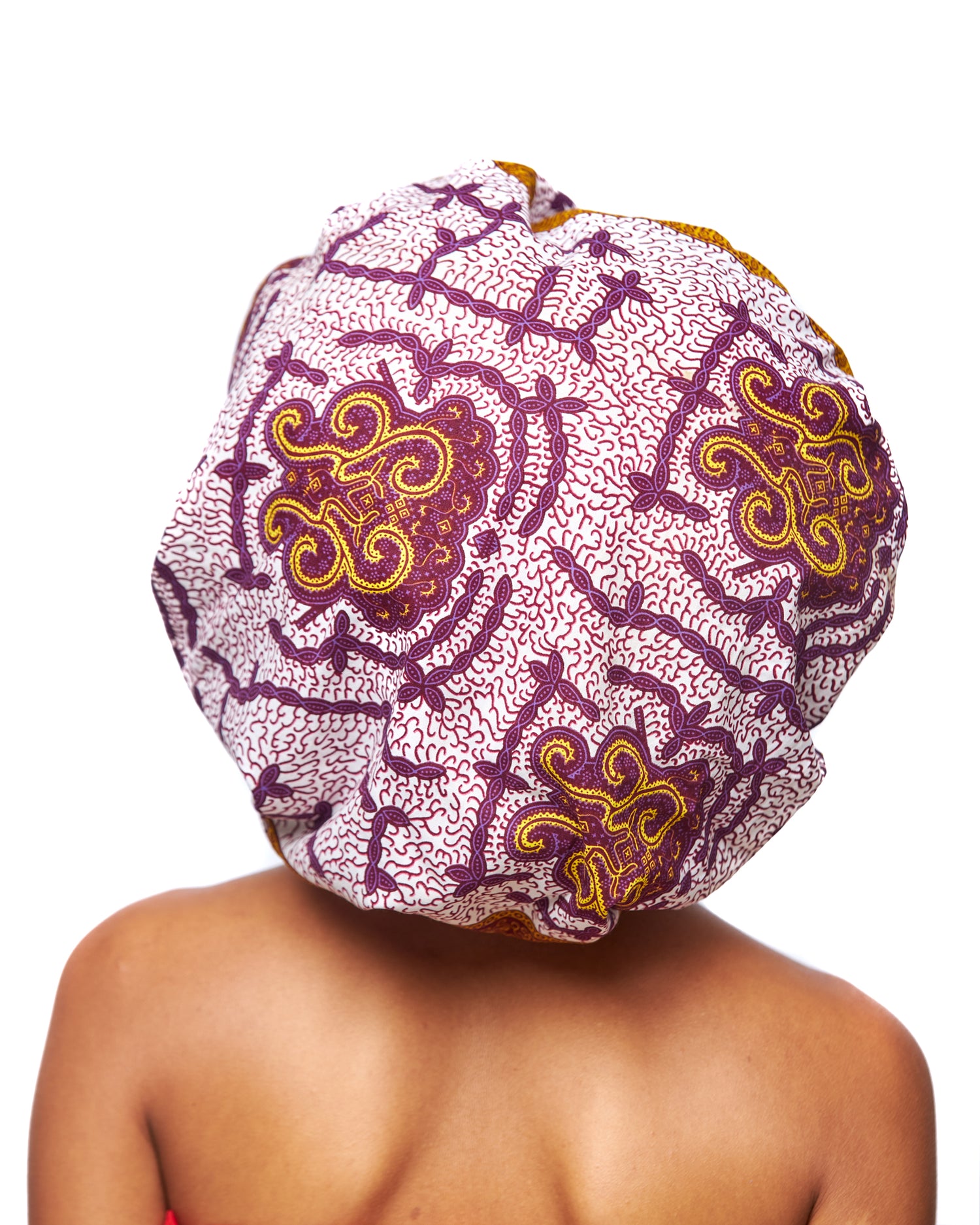 Ankara Wax Print Made of White, Purple and Gold  Blend of Beautiful Colours And Pattern, Hand Made Elastic With Gold Silk lined Hair Bonnet
