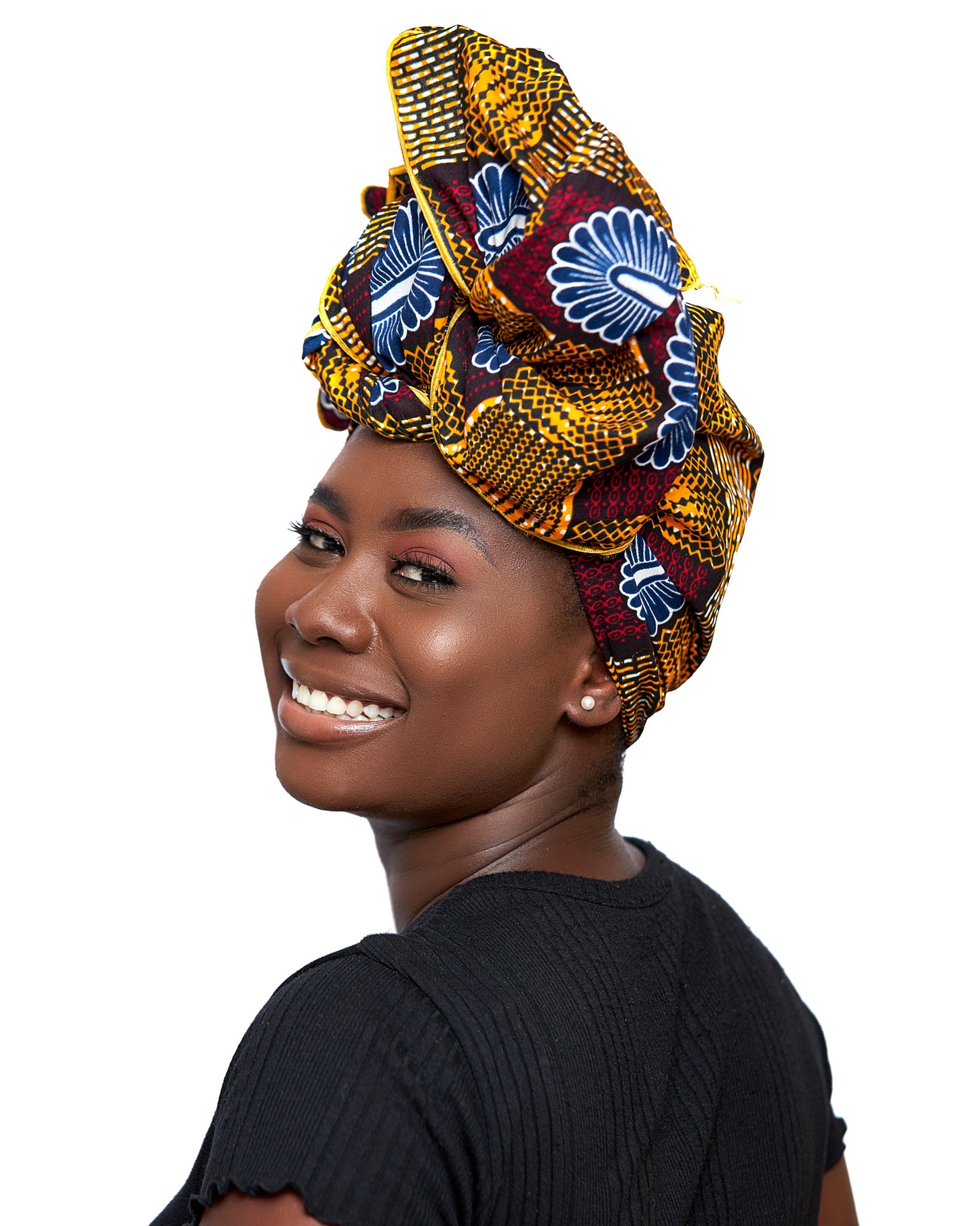 Gold, Red, Blue, Black White Ankara Designed Print Detachable Silklined Headwrap