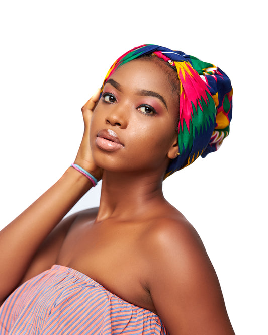 Ghanaian Kente Wax Print Made of Pink,Gold, Red, Green,Blue Blend of Beautiful Colours And Pattern With Adinkira Symbols, Hand Made Elastic Silklined Bonnet With Band