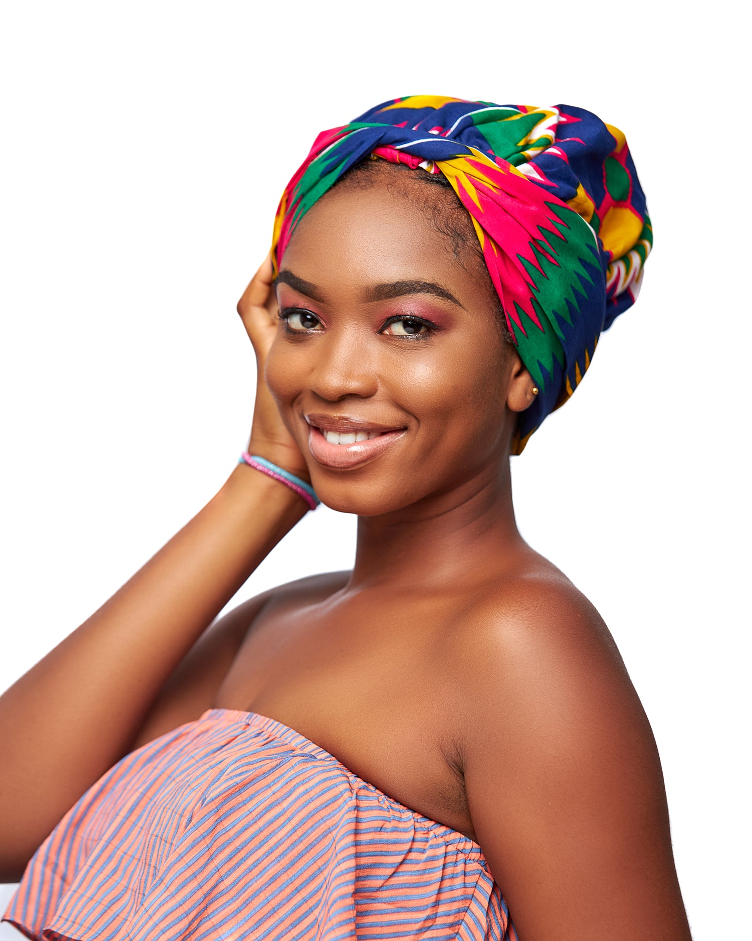 Ghanaian Kente Wax Print Made of Pink,Gold, Red, Green,Blue Blend of Beautiful Colours And Pattern With Adinkira Symbols, Hand Made Elastic Silklined Bonnet With Band