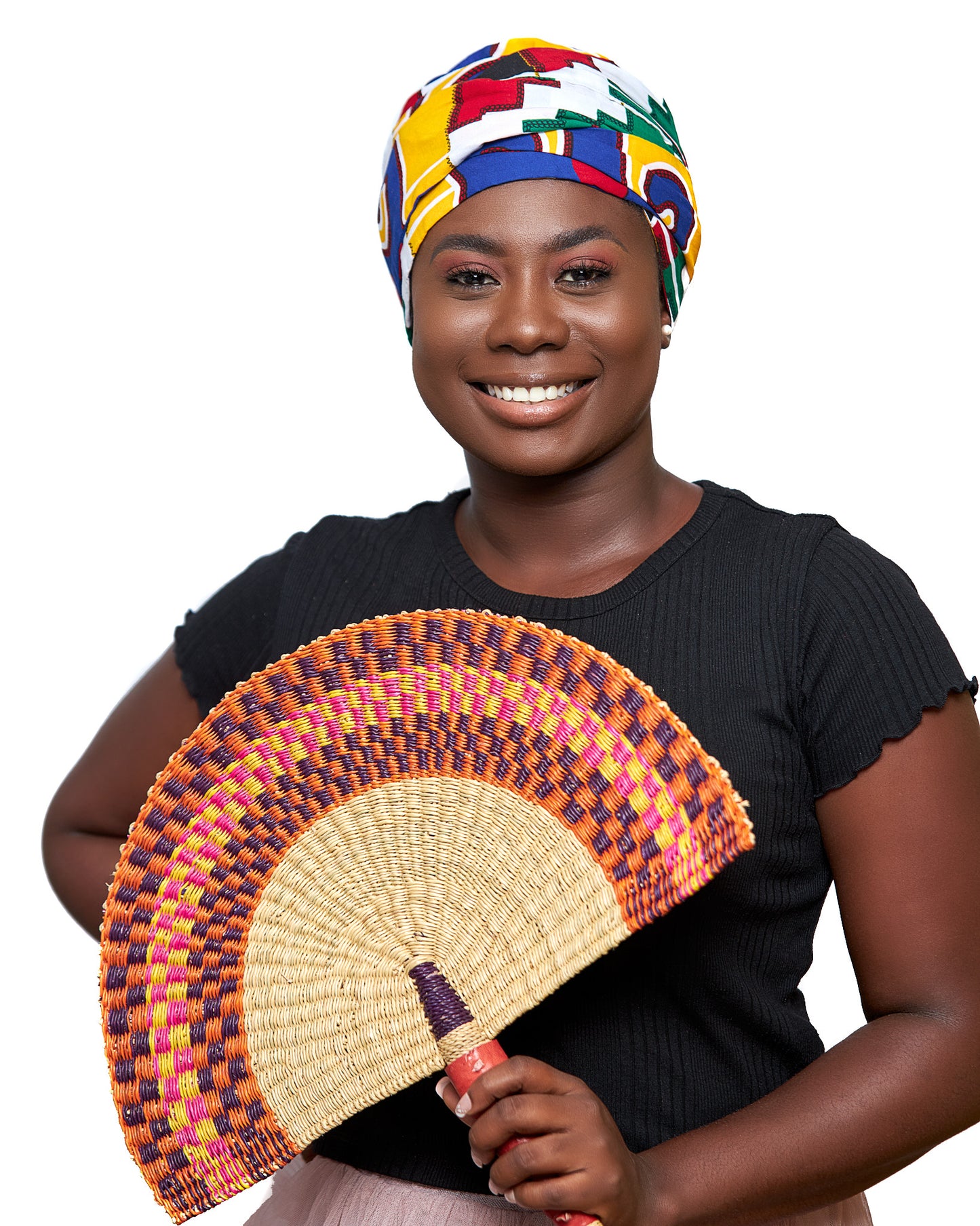 Ghanaian Kente Wax Print Made of Yellow, Red, Green,Blue, Black  and White Blended Beautiful Colours And Pattern With Adinkira Symbols, Hand Made Elastic Silklined Bonnet With Band