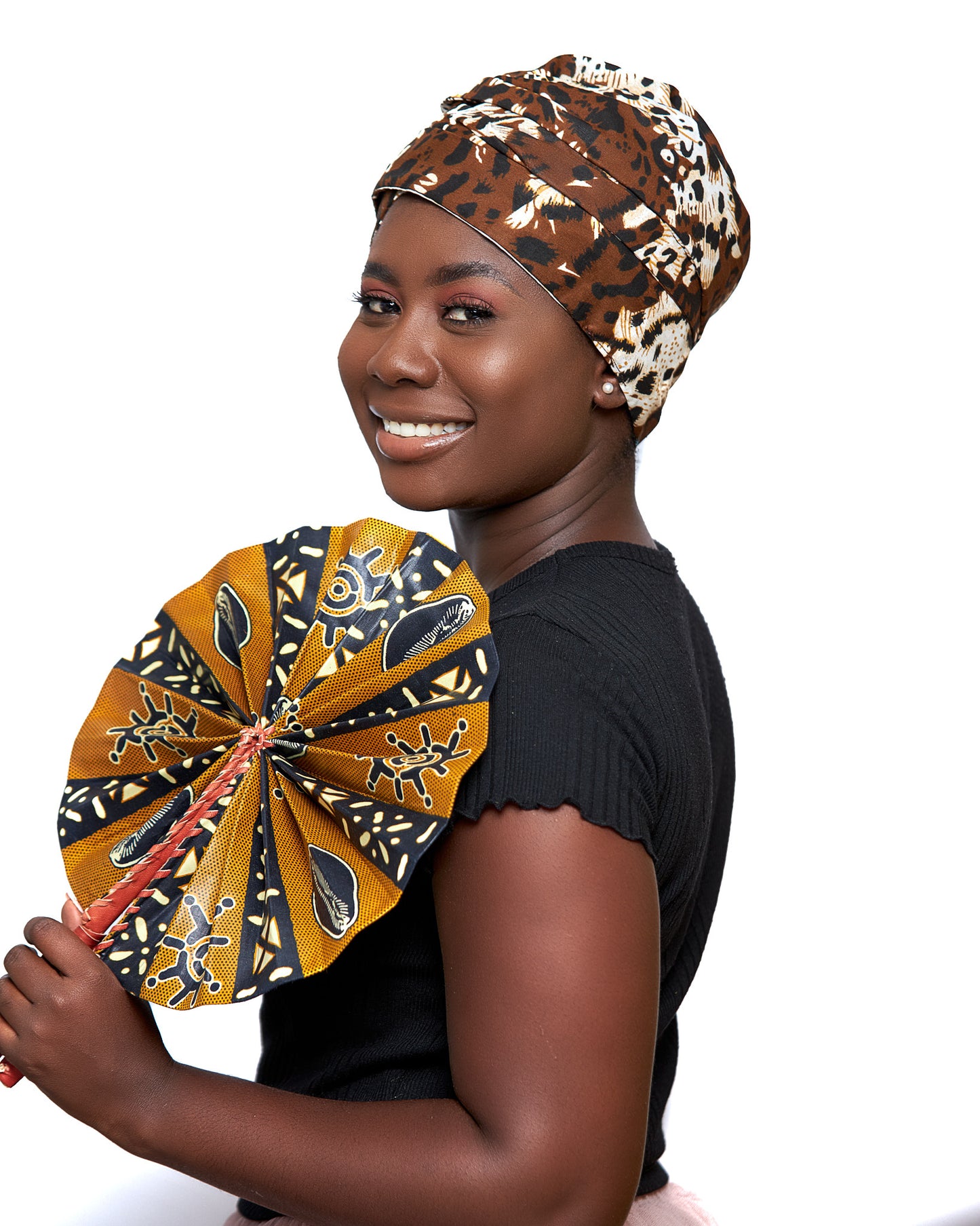 Ankara Wax Print Made of White, Brown And Black Blend of Beautiful Colours And Pattern, Hand Made Elastic Silklined Bonnet With Band