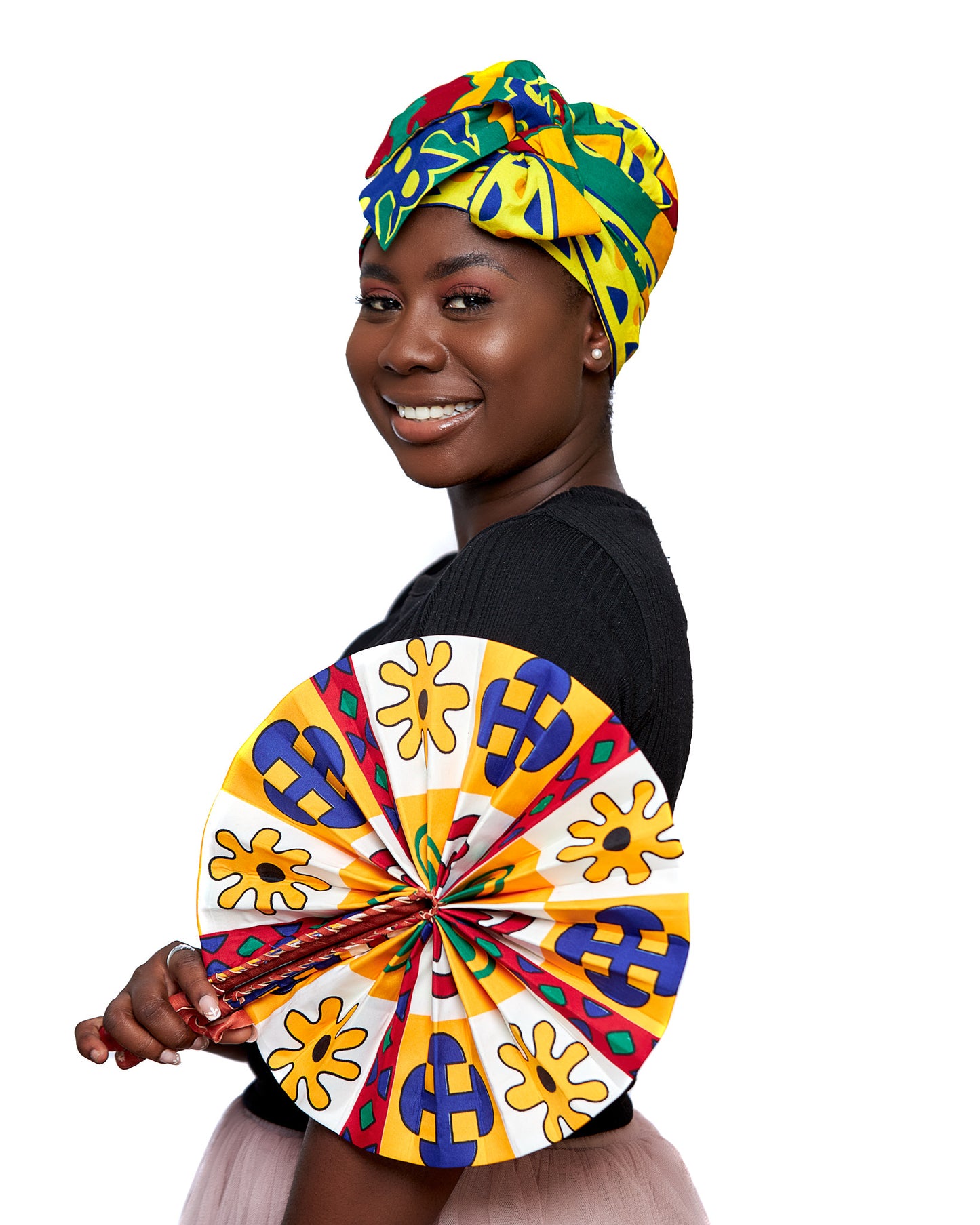 Ghanaian Kente Wax Print Made of Yellow,Gold, Red,Green And  Blue Blend of Beautiful Colours And Pattern With Adinkira Symbols, Hand Made Elastic Silklined Bonnet With Band