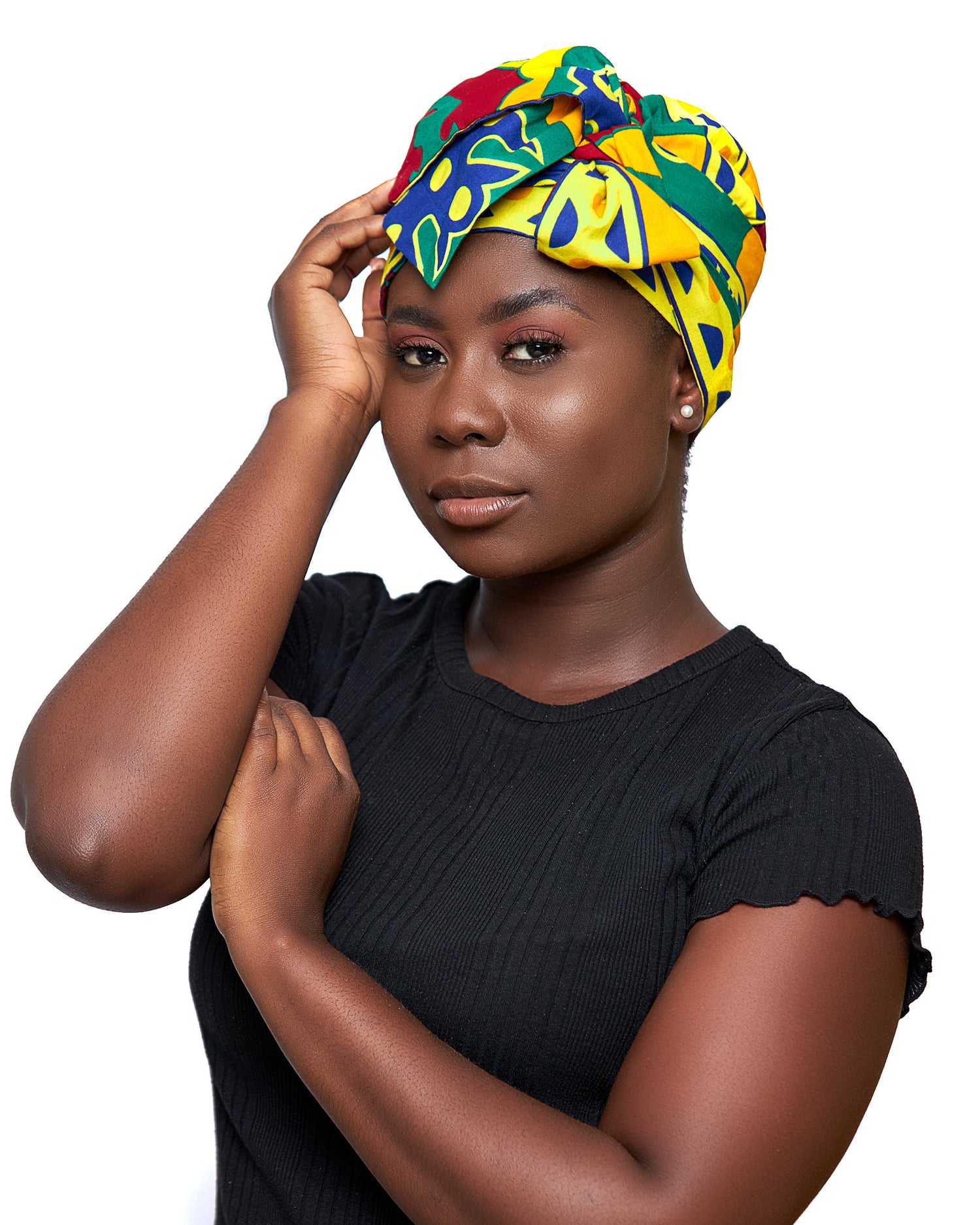 Ghanaian Kente Wax Print Made of Yellow,Gold, Red,Green And  Blue Blend of Beautiful Colours And Pattern With Adinkira Symbols, Hand Made Elastic Silklined Bonnet With Band