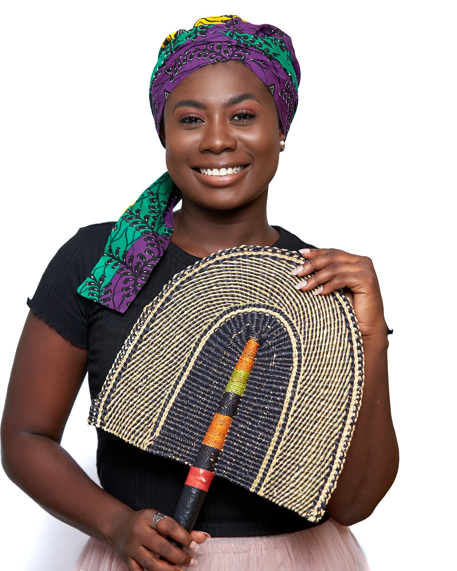 Ankara Wax Print Made of Green, Yellow, Purple And Black Blend of Beautiful Colours And Pattern, Hand Made Elastic Silklined Bonnet With Band