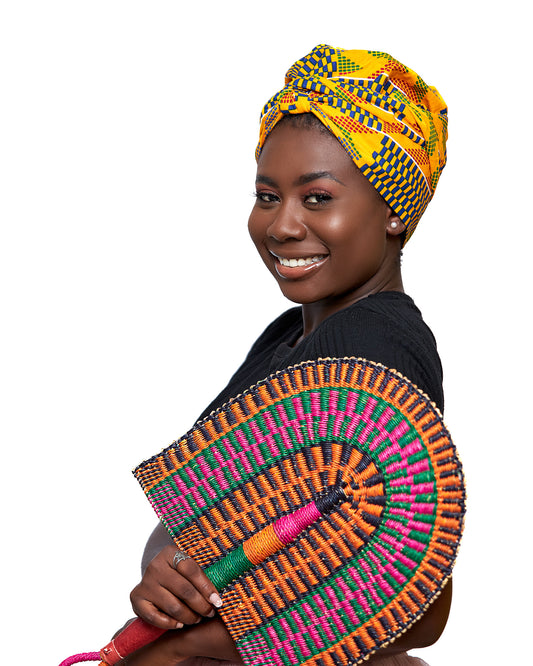 Ghanaian Kente Wax Print Made of White,Gold, Red, Blue Blend of Beautiful Colours And Pattern With Adinkira Symbols, Hand Made Elastic Silklined Bonnet With Band