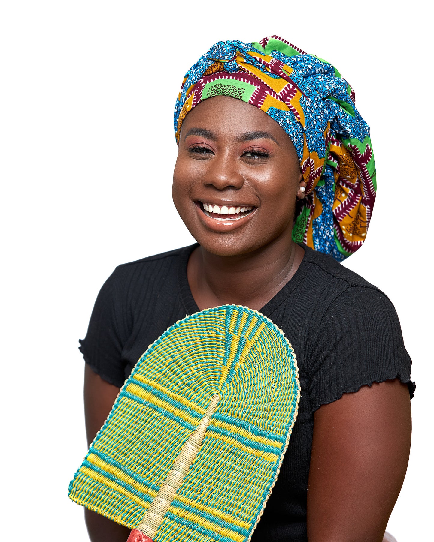 An Ankara Wax Print Made of Seablue, Green, Brown,yellow and White Blended Beautiful Colours And Pattern, Hand Made Elastic Silklined Bonnet With Band