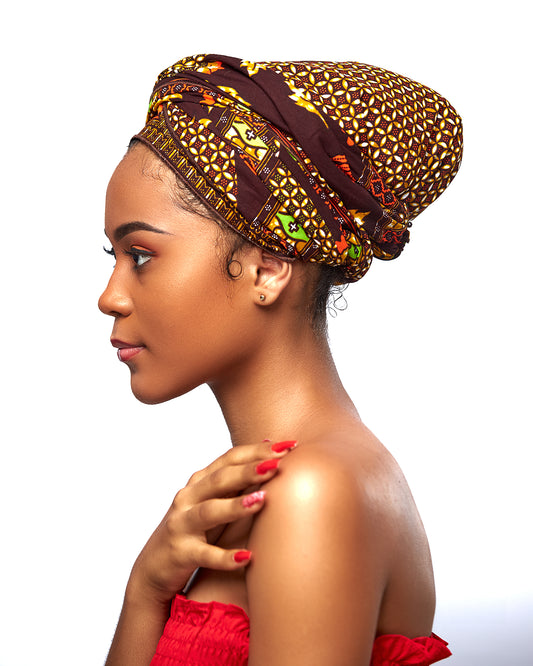 Brown, Yellow Green And White Ankara detachable Silklined Ankara Headwrap