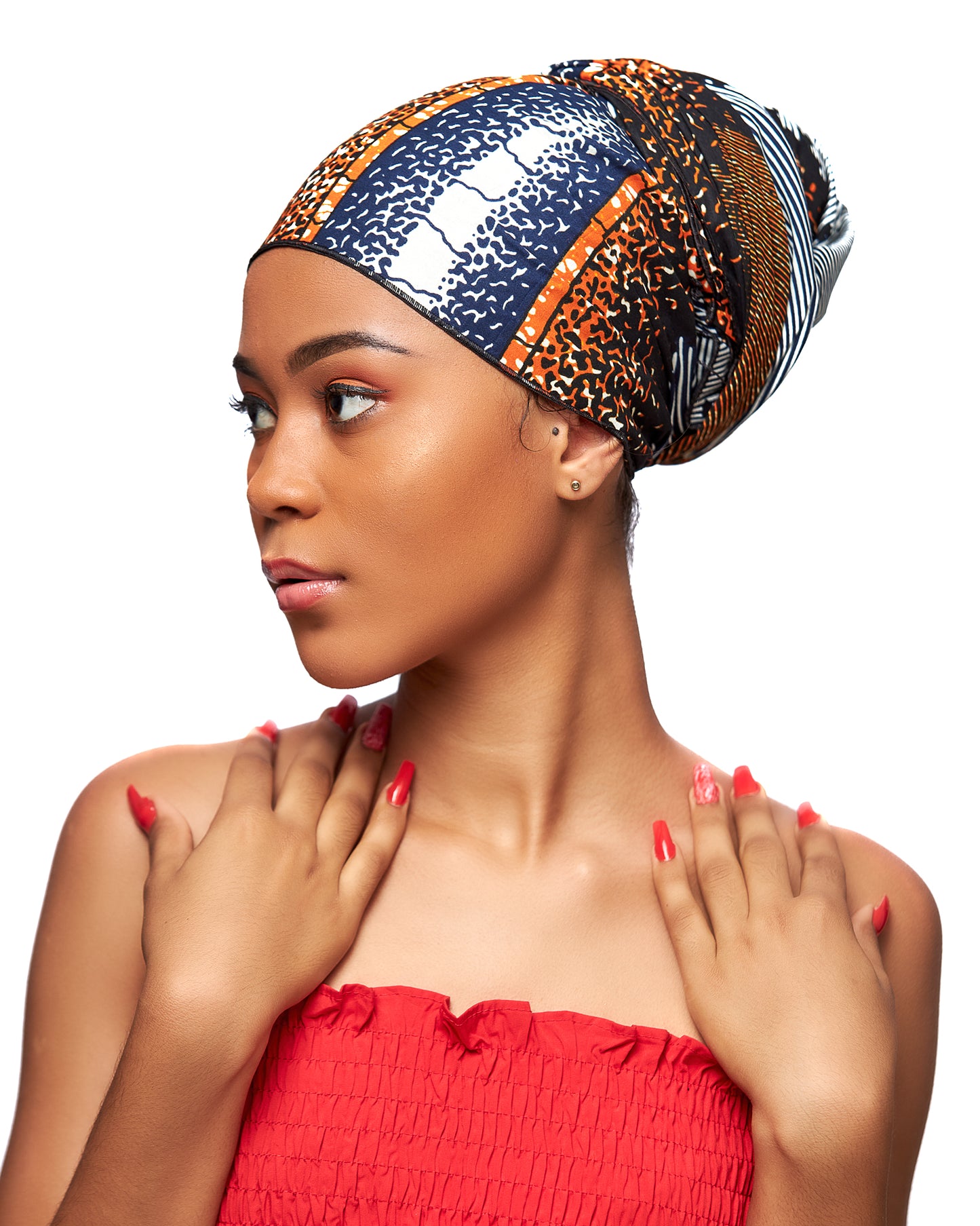 Blue, Orange Black And White Detachable Ankara Silklined Headwrap