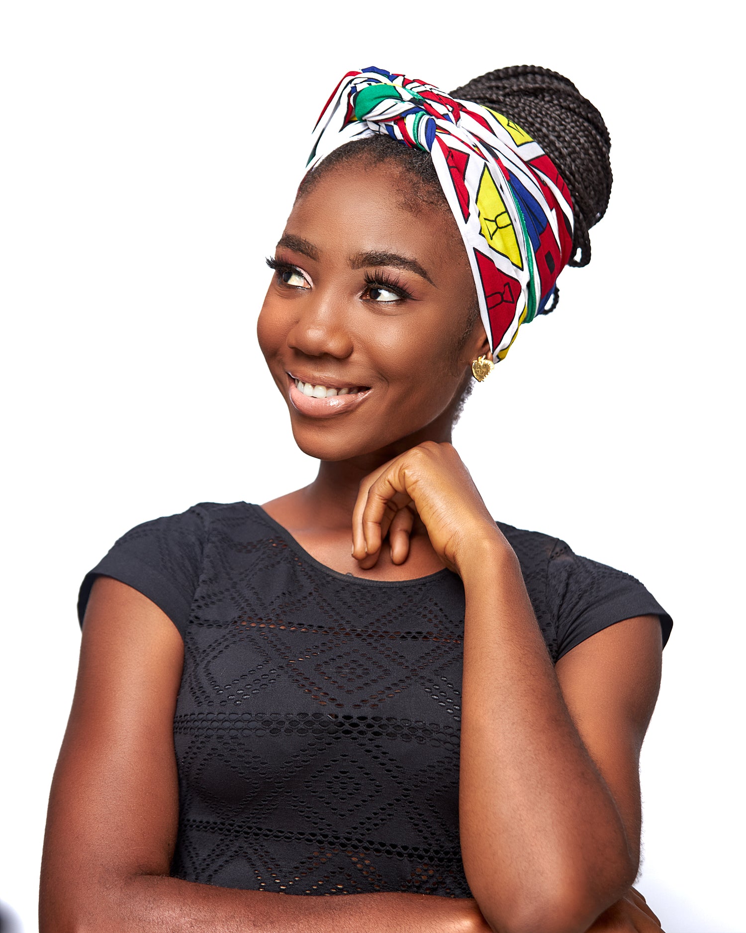 Red, Yellow,Blue, Green, Black And White Shaped Ghanaian Kente Print Detachable Silklined Headwrap