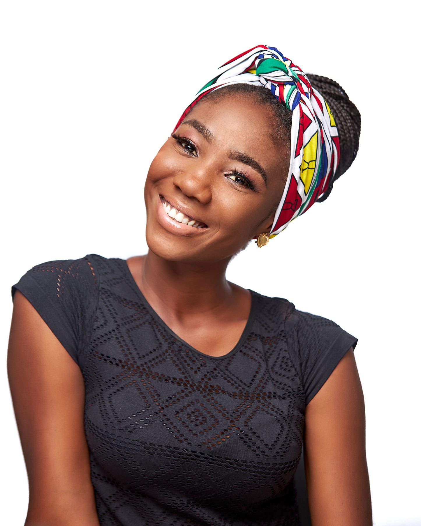 Red, Yellow,Blue, Green, Black And White Shaped Ghanaian Kente Print Detachable Silklined Headwrap