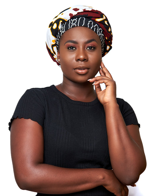 Brown, Black,White, Yellow Bogolan Art Print Detachable Silklined Headwrap