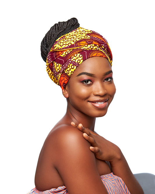 Orange, Yellow and Brown Ankara Detachable Silklined Headwrap