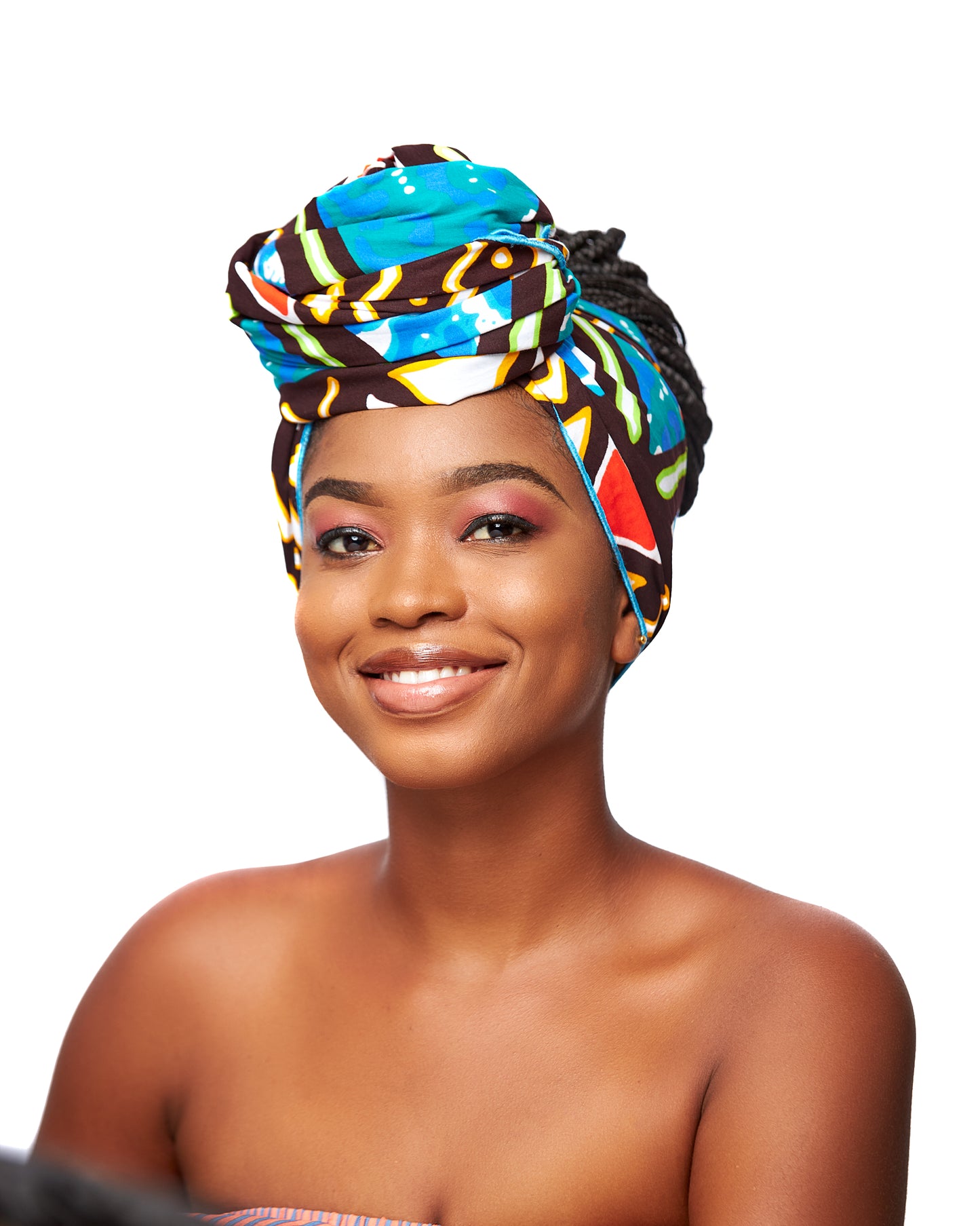 Seablue,Red, Brown,Gold And White Bogolan Bold Print Detachable Silklined Headwrap