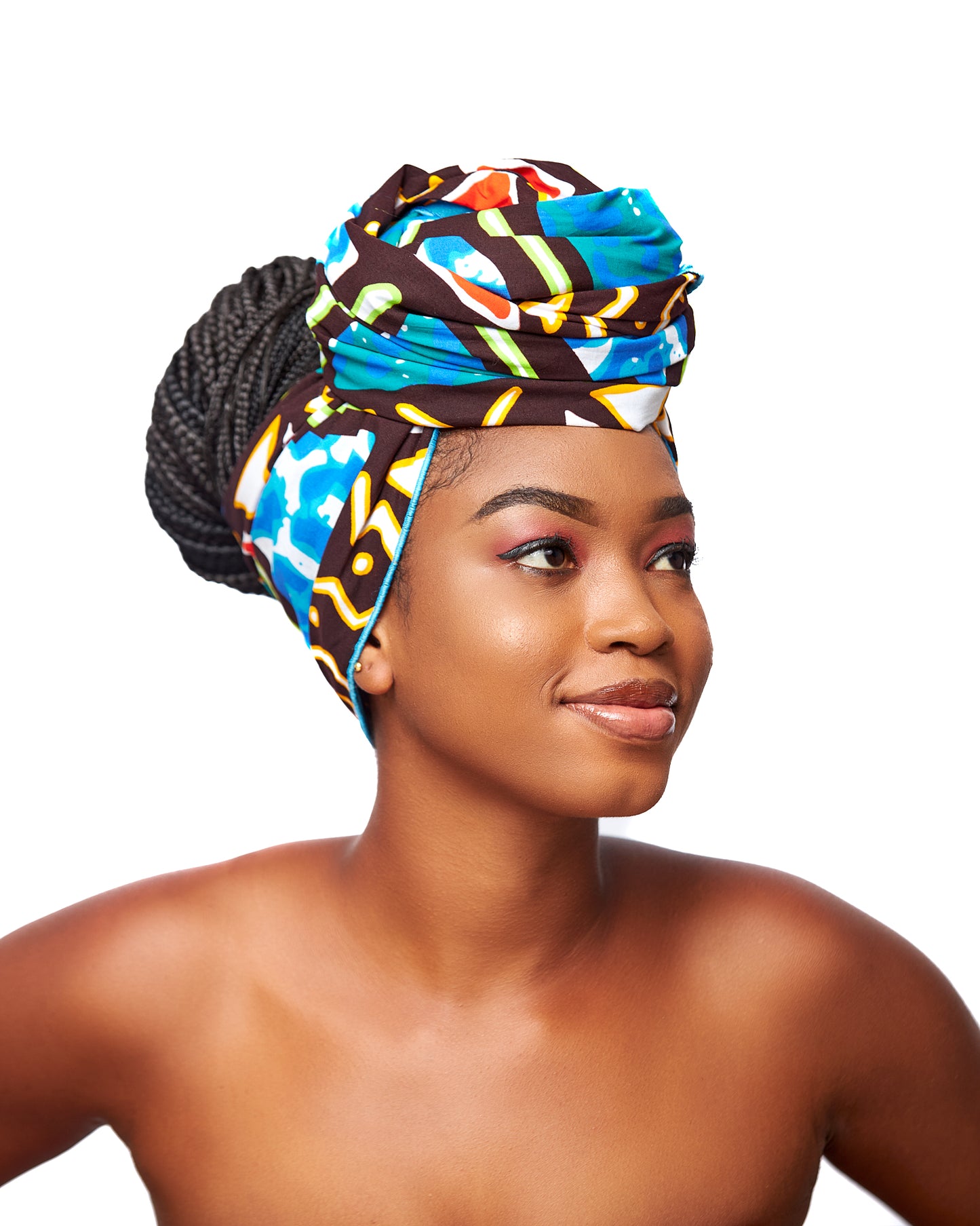 Seablue,Red, Brown,Gold And White Bogolan Bold Print Detachable Silklined Headwrap