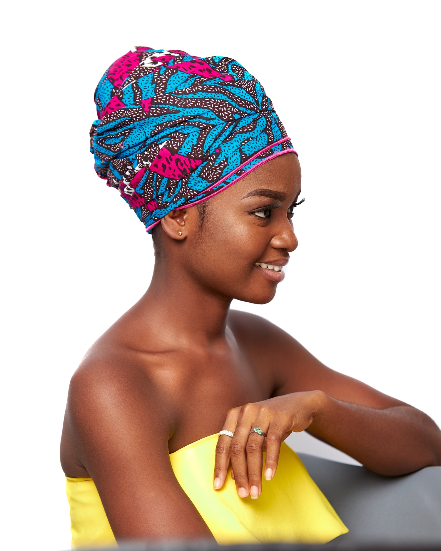 Seablue,White,Pink, Black Colourful Sunny Designed Ankara Cotton Wax Print Fabric With Detachable Silklined Headwrap