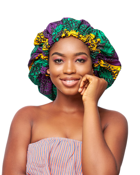 Green, Black ,Purple And Yellow Mix Pattern Design Ankara Wax Print With Black Silk Lined Hair Bonnet