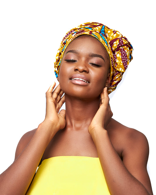 Gold,Wine,seablue And White Leafy Designed  Ankara Detachable Silklined Headwrap