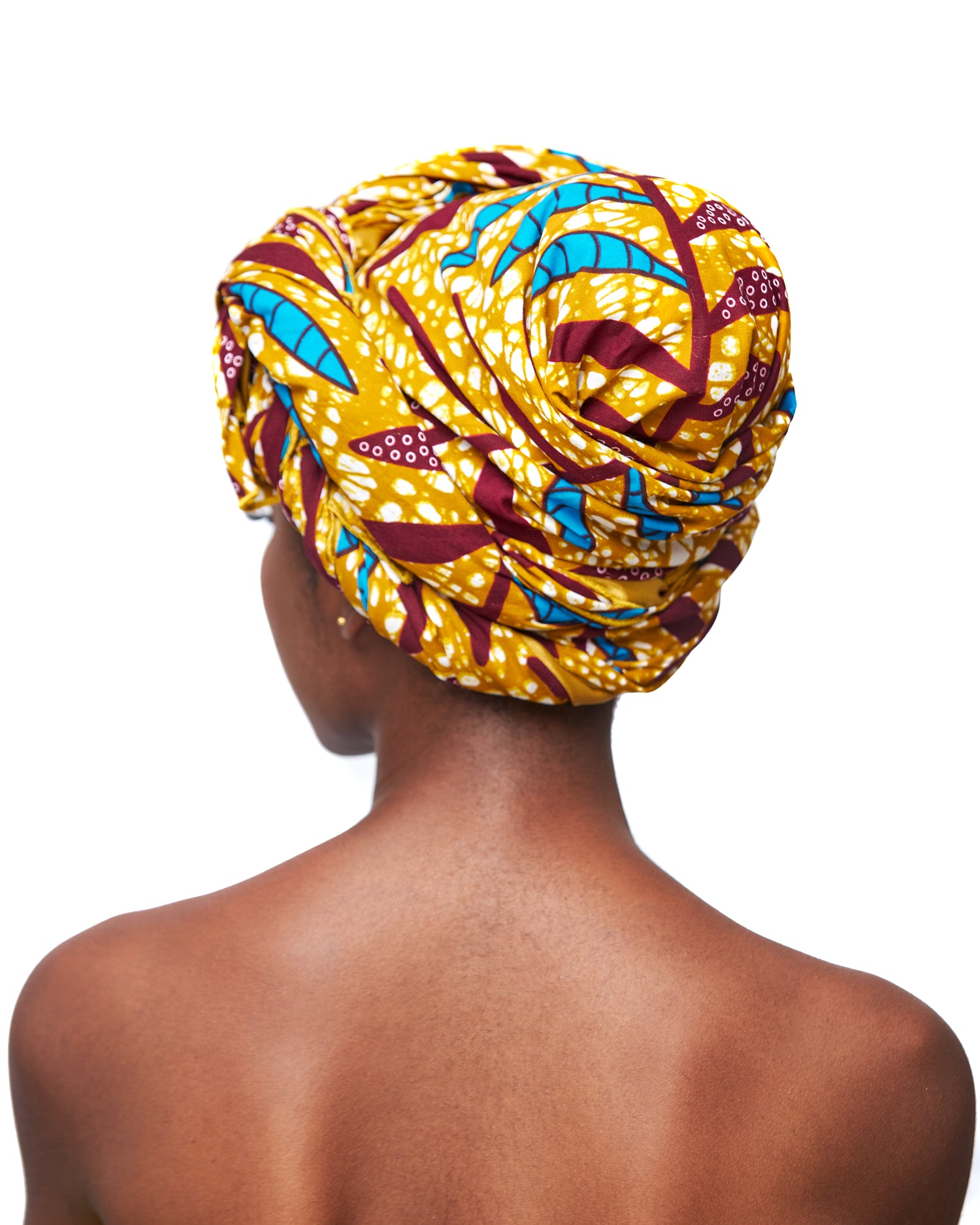 Gold,Wine,seablue And White Leafy Designed  Ankara Detachable Silklined Headwrap