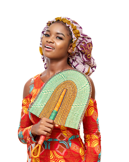 Ankara Wax Print Made of White, Purple and Gold Blend of Beautiful Colours And Pattern, Hand Made Elastic With Gold Silk lined Hair Bonnet