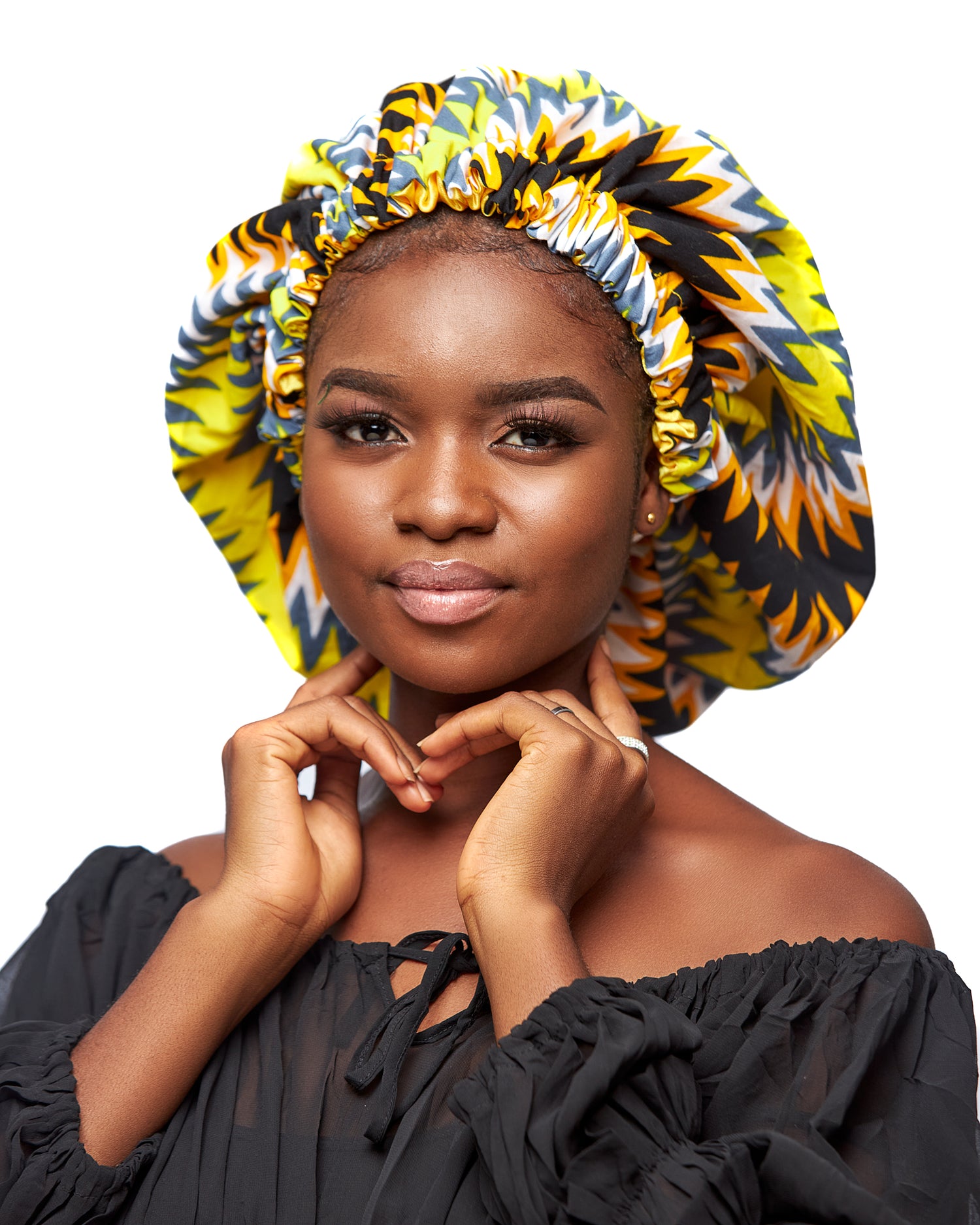 Ghanaian Kente Wax Print Made of Yellow, Gold,,Ash White and Black  Blend of Beautiful Colours And Pattern With Adinkira Symbols, Hand Made Elastic With Gold Silk lined Hair Bonnet