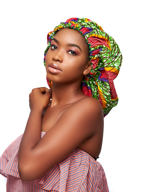 Green, Red, Blue And Yellow Mix Pattern Design Ankara Wax Print With Green Silk Lined Hair Bonnets