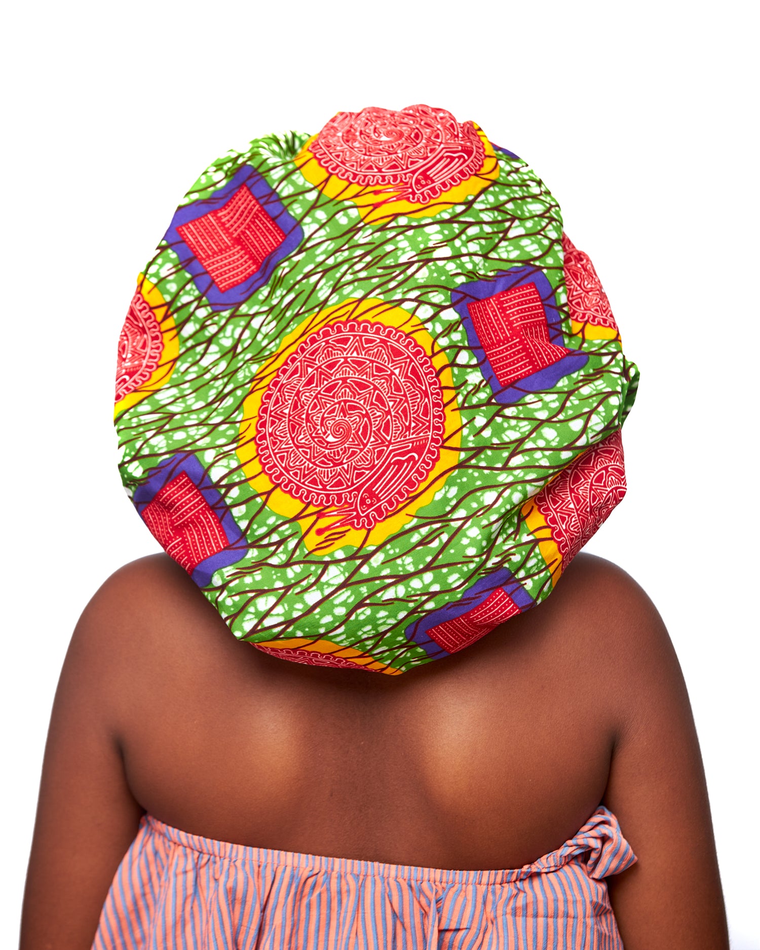 Green, Red, Blue And Yellow Mix Pattern Design Ankara Wax Print With Green Silk Lined Hair Bonnets