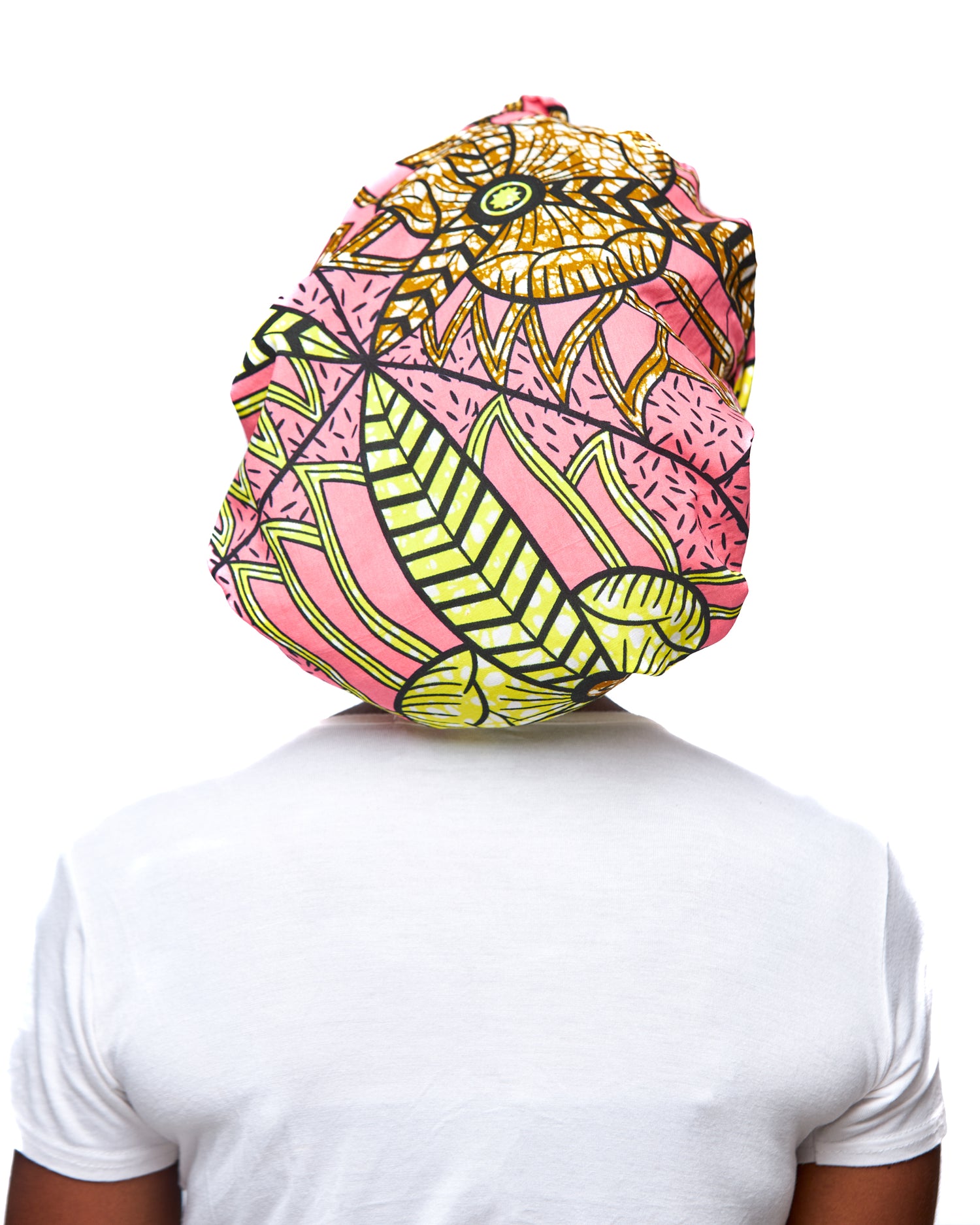 Print Made of Pink, yellow, Black and Curry Blended Beautiful Colours, Hand Made Elastic Silklined Bonnet With Band