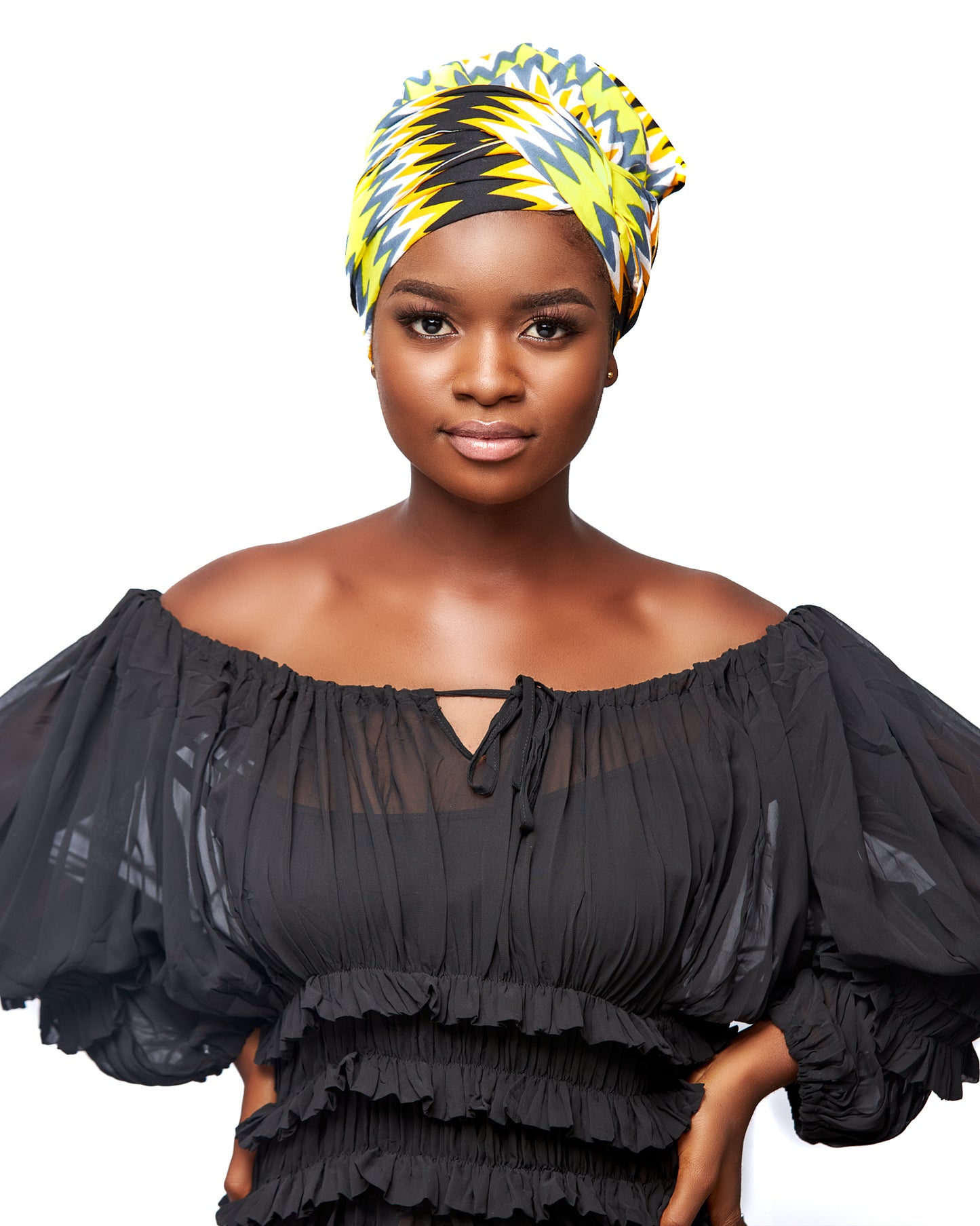 A Ghanaian Kente Wax Print Made of Yellow, Gold ,Ash ,Black and White Blended Beautiful Colours And Pattern, Hand Made Elastic Silklined Bonnet With Band