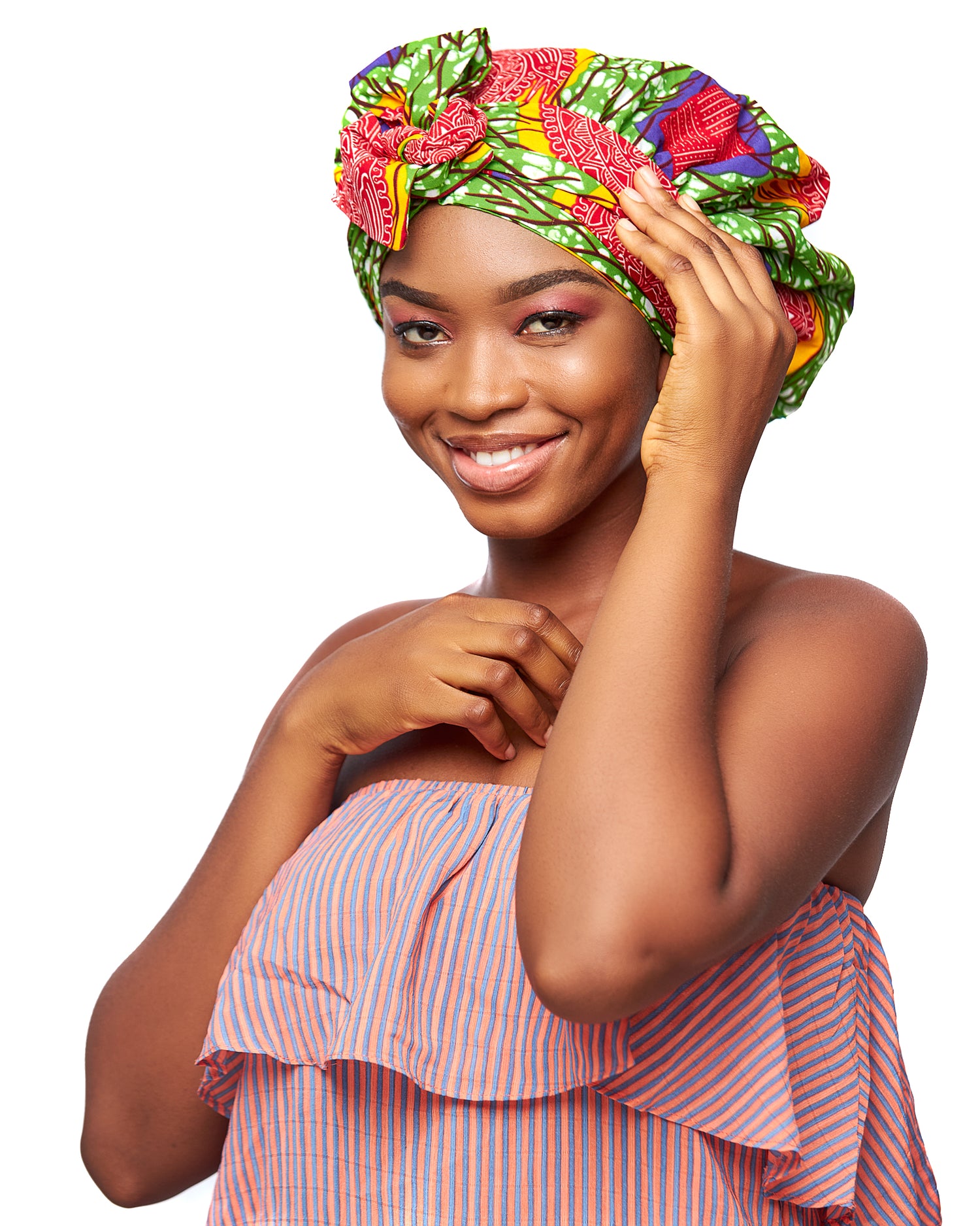 Ankara Wax Print Made of Green, Yellow, Red, White And Purple Blend of Beautiful Colours And Pattern, Hand Made Elastic Silklined Bonnet With Band