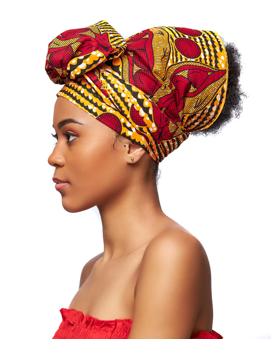 Red,Gold, Black And White Ankara Detachable Silklined Headwrap